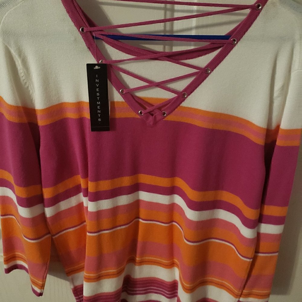 INVESTMENTS 3/4 Sleeve Scoop Neck Trim Top